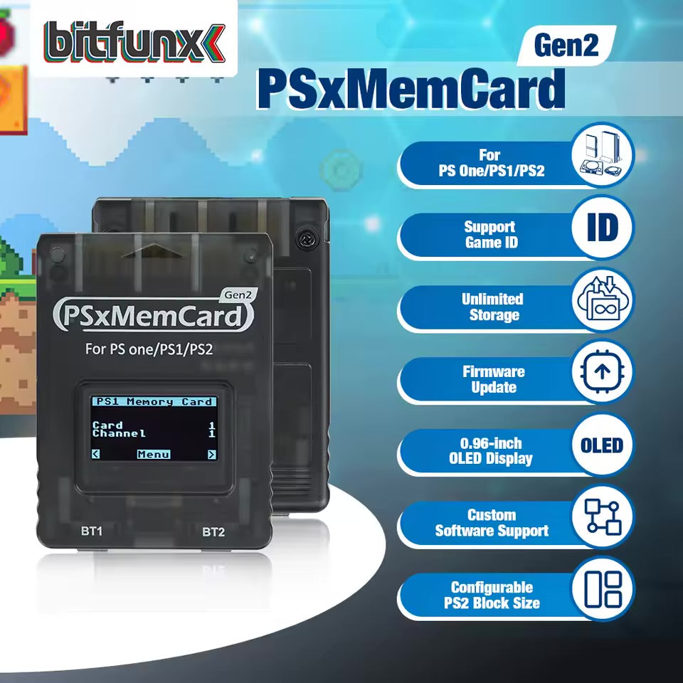 Bitfunx PSxMemCard Gen2 Store Game Saves for PS1 and PS2 Games for PlayStation 1 PS one Playstation 2 Game Consoles